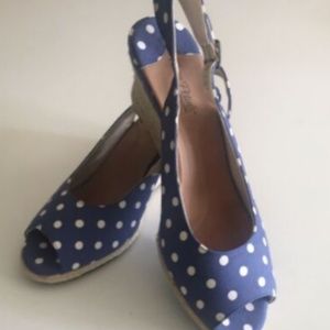 Blue and White Polka Dot Wedge Sling Back